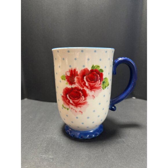 Pioneer Women Heritage Coffee Mug Floral Red Rose With Blue Handle & Base - Picture 2 of 9